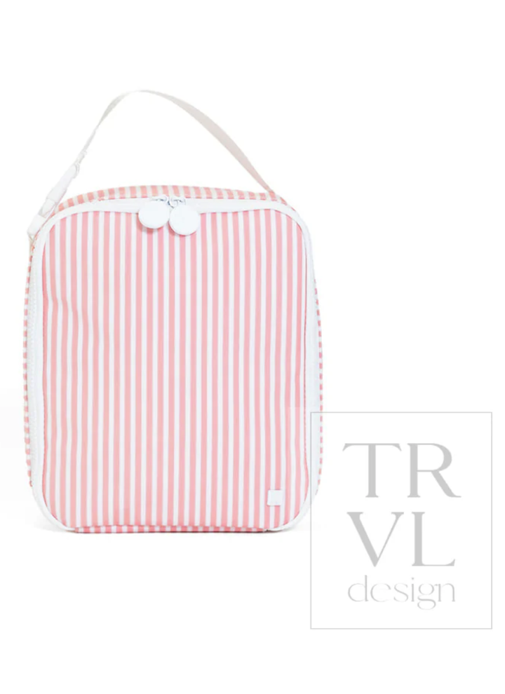 Pink and white striped bag with a visible brand logo on a white background