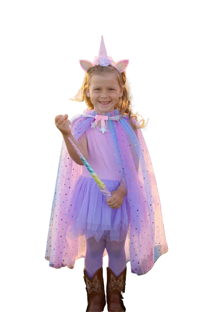 Sparkle and shimmer in our Rainbow Unicorn Cape & Headband set. This pastel-hued cape, embellished with sparkly sequins and silvery trim details, is made complete with a sparkly iridescent unicorn headband with floral accents.