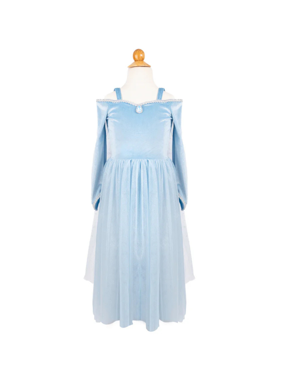 Step into a world of enchantment with the Velvety Soft Sisters Forever Princess Dress, a magical creation inspired by the bond of sisterhood. The light blue velvet top offers a soft, luxurious feel, while the spaghetti straps and off-the-shoulder long sleeves add a touch of elegance. The top is beautifully trimmed with silver accents and features a sparkling blue gem in the center of the chest, adding a royal flair.

The dress is completed with a mesh cape attached to the back, printed with shimmering cryst