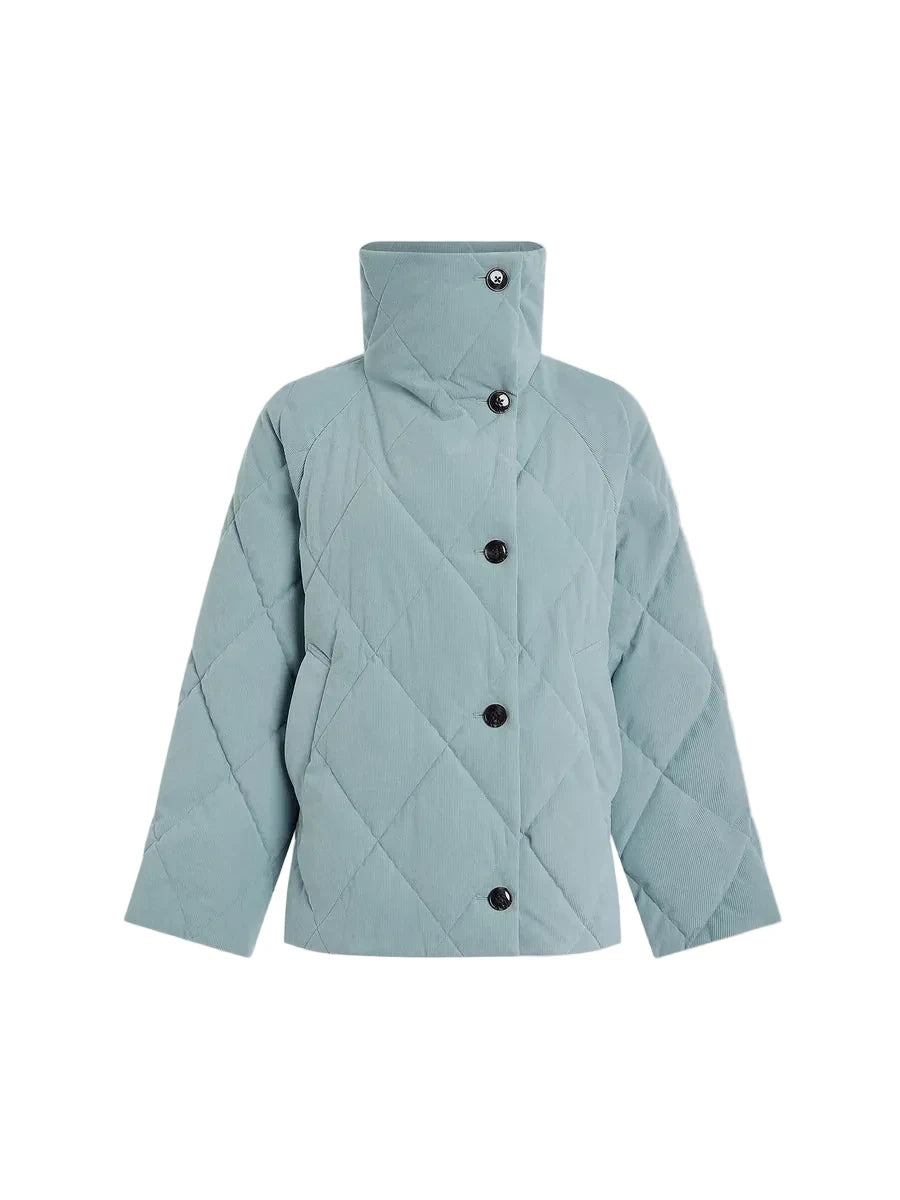 A light blue-green diamond-quilted puffer jacket with a high stand-up collar and black snap buttons, shown against a solid light gray background.