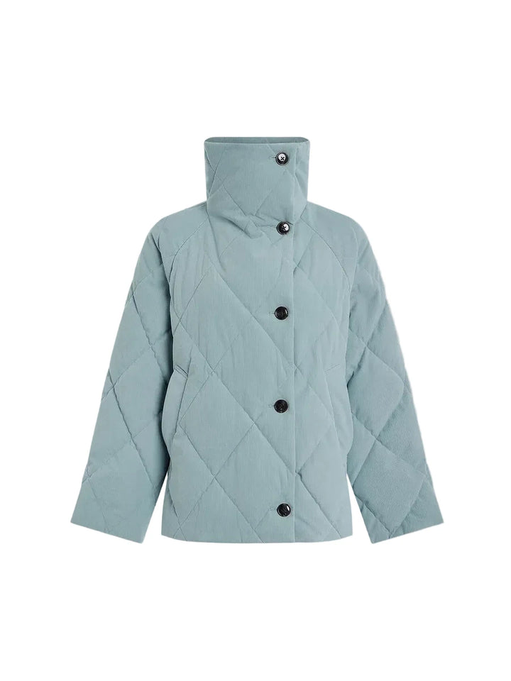 A light blue-green diamond-quilted puffer jacket with a high stand-up collar and black snap buttons, shown against a solid light gray background.