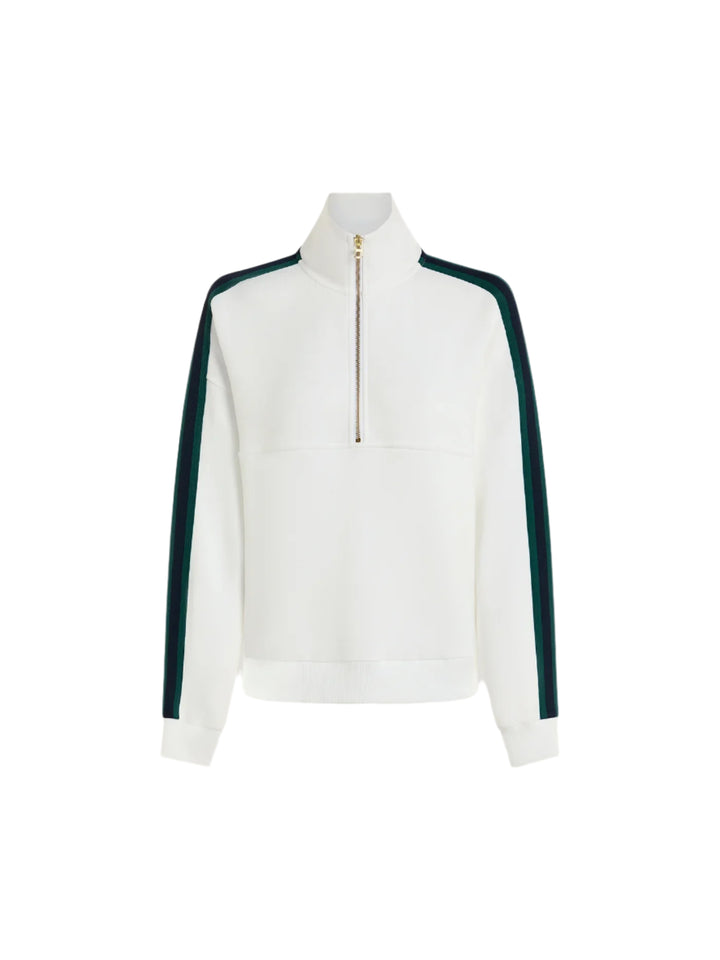 This relaxed fit sweatshirt features contrast stripe detailing on the arms and thumbholes for a subtle, active touch. Finished with dropped shoulders, it’s perfect for layering or wearing on its own.