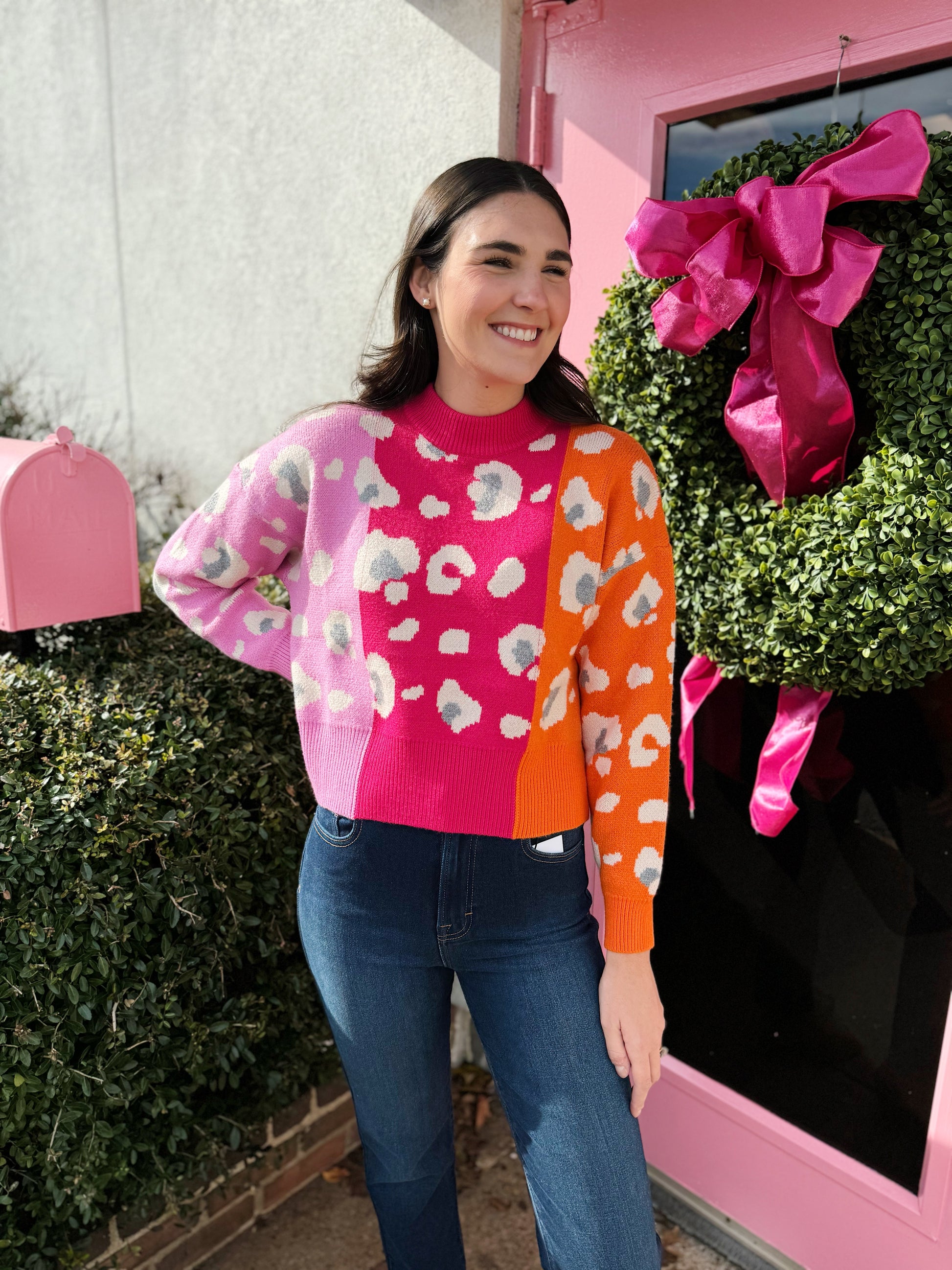 Colorblock Cheetah Print Sweater, pink and orange colorblock sweater with white and grey cheetah print 