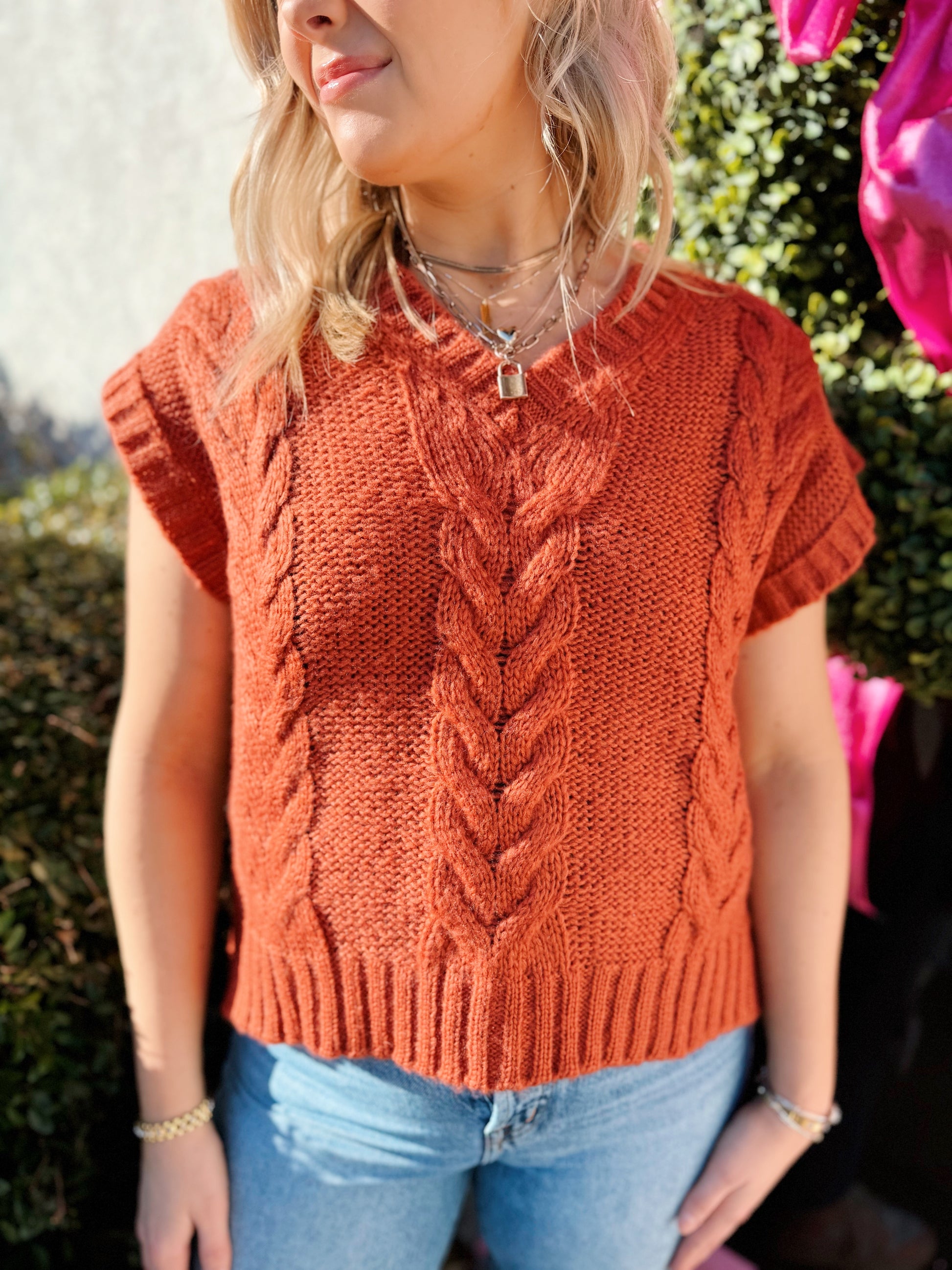 Fiona Cable Vest(Sienna)by Wooden Ships, rust sweater vest with cable knit detail 
