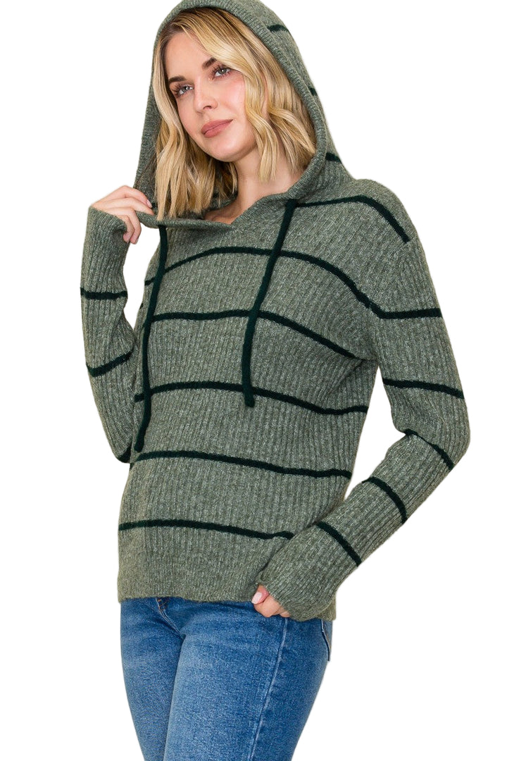 Stay cozy and cute in the Rachel Striped Hoodie Sweater. Its playful stripes and adjustable drawstring neck add a fun twist to your casual look while keeping you warm. Perfect for laid-back days or layering up for chilly adventures.