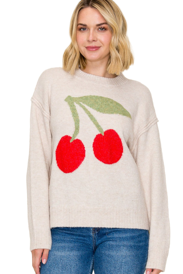 Add a splash of fun to your wardrobe with this Cherry Printed Sweater! Featuring a cozy crew neck and vibrant cherry prints, it’s perfect for brightening up any day. Soft and comfy, it’s your go-to for playful style and everyday ease.