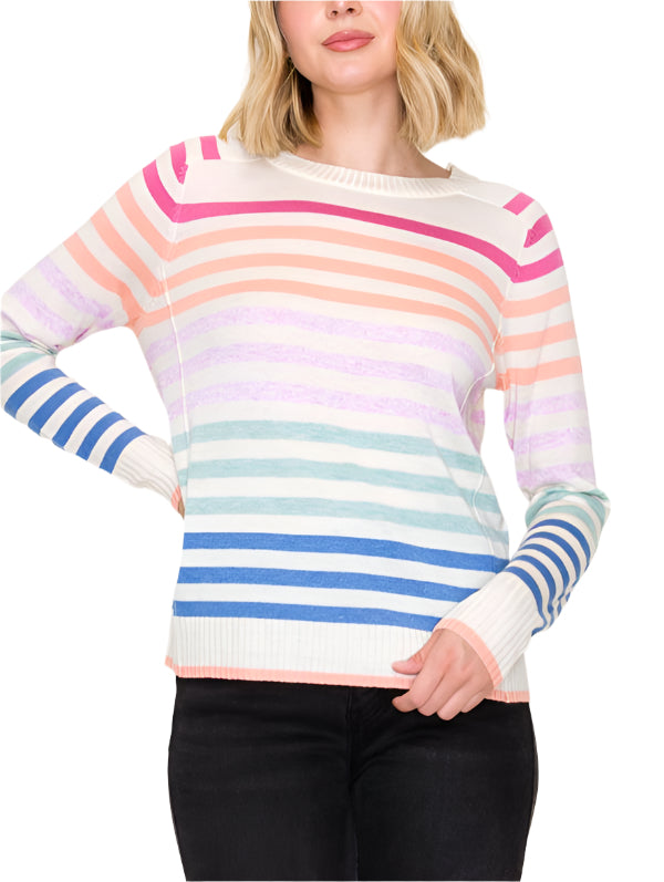 Add a splash of fun to your wardrobe with the Abbey Multi Striped Crew Neck! This lively top features colorful stripes that brighten any day, while its comfy crew neck keeps things cozy and casual.&nbsp;