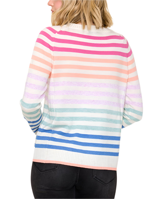 Add a splash of fun to your wardrobe with the Abbey Multi Striped Crew Neck! This lively top features colorful stripes that brighten any day, while its comfy crew neck keeps things cozy and casual.&nbsp;