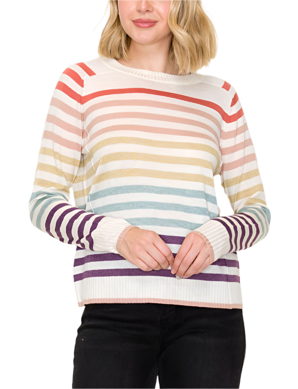 Add a splash of fun to your wardrobe with the Abbey Multi Striped Crew Neck! This lively top features colorful stripes that brighten any day, while its comfy crew neck keeps things cozy and casual.&nbsp;