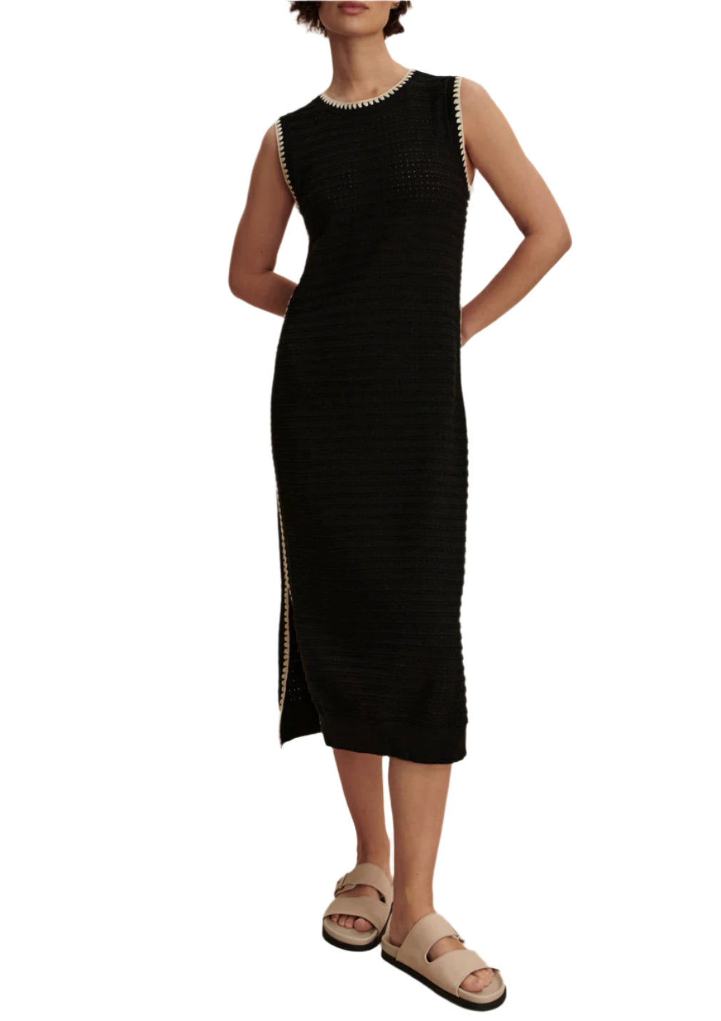 In a striped pointelle knit with side splits and contrasting scalloped edging, the Dwight tank dress elevates your everyday style. Cut for a modern midi length, it’s perfect for beach days with sandals or evenings out.