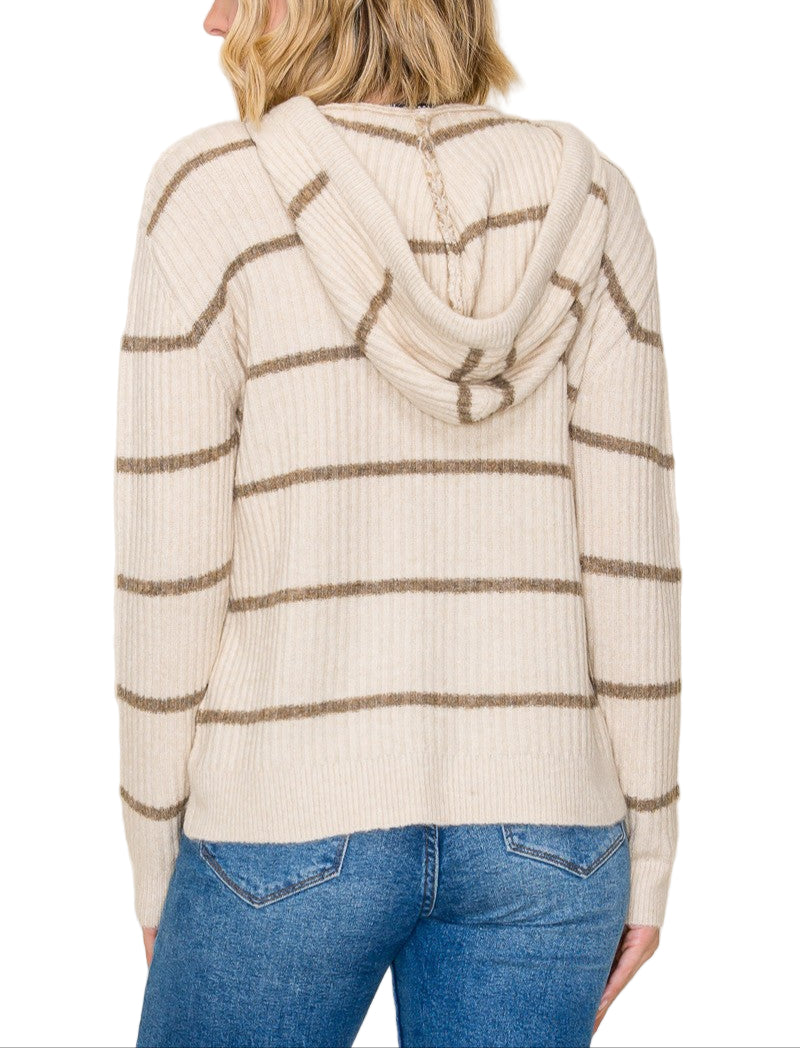 Stay cozy and cute in the Rachel Striped Hoodie Sweater. Its playful stripes and adjustable drawstring neck add a fun twist to your casual look while keeping you warm. Perfect for laid-back days or layering up for chilly adventures.