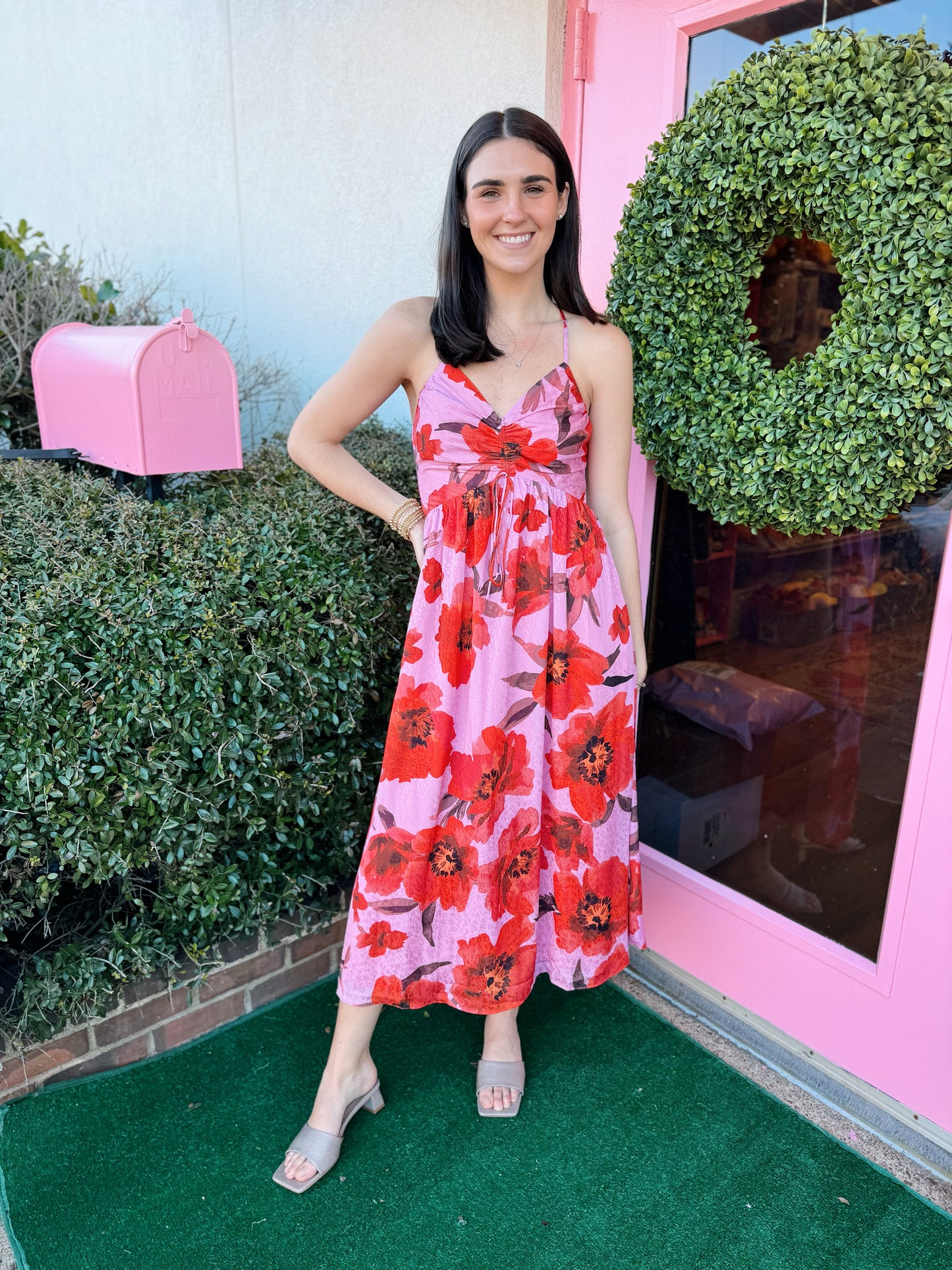 Luanne Floral Midi Dress in Pink Red in Adelyn Rae