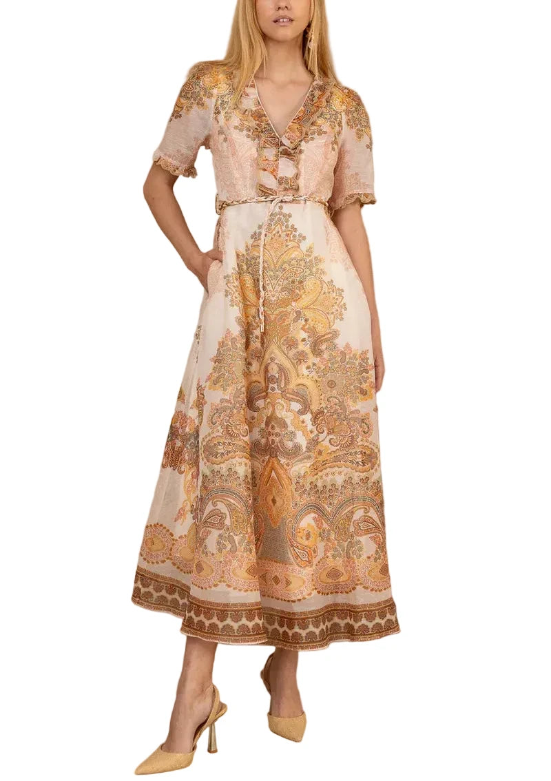 Elevate your wardrobe with the Micah Organza Maxi Dress, a breezy silk and linen blend that whispers elegance with every step. This ivory stunner features a charming ruffled neckline trimmed with delicate piping—a playful touch that adds personality without compromising sophistication. Perfect for garden parties, summer weddings, or those days when you want to feel effortlessly chic, this maxi dress moves beautifully and keeps you cool in style.