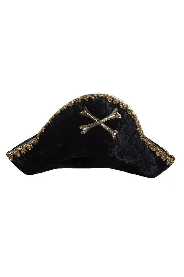 Argh!! Every ship's captain could use a pirate hat, why not make it the best pirate hat! Made from a soft black foam velour, this hat is built to keep up with the fast-paced life of a ship's captain. Trimmed in metallic gold trim and featuring a glittery pirate inspired emblem. Marked with the legendary cross bones- the sure sign of a pirate leader for great play time adventures!