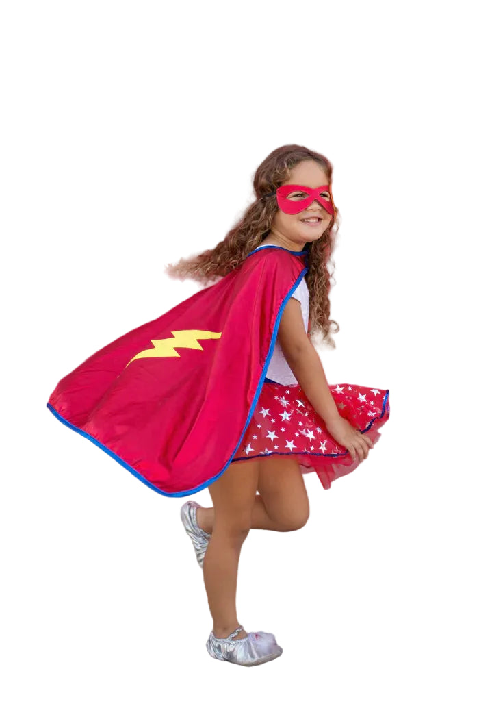 Save the day and be your own superhero with this amazing cape-tutu set with a matching mask. The lighting bright red tutu featuring a silver star pattern and is trimmed in blue sequins. The matching cape is bound in blue shine and features a matching lighting bolt to the soft, easy-on-and-off, superhero mask.