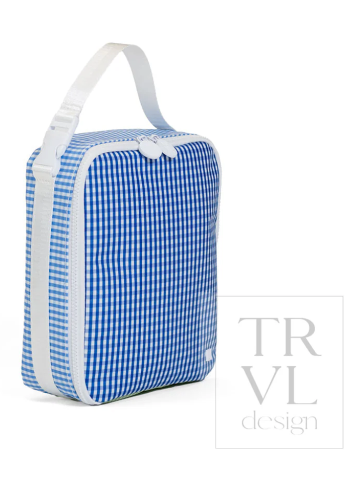 Blue gingham patterned toiletry bag with white accents on a white background, featuring the brand &