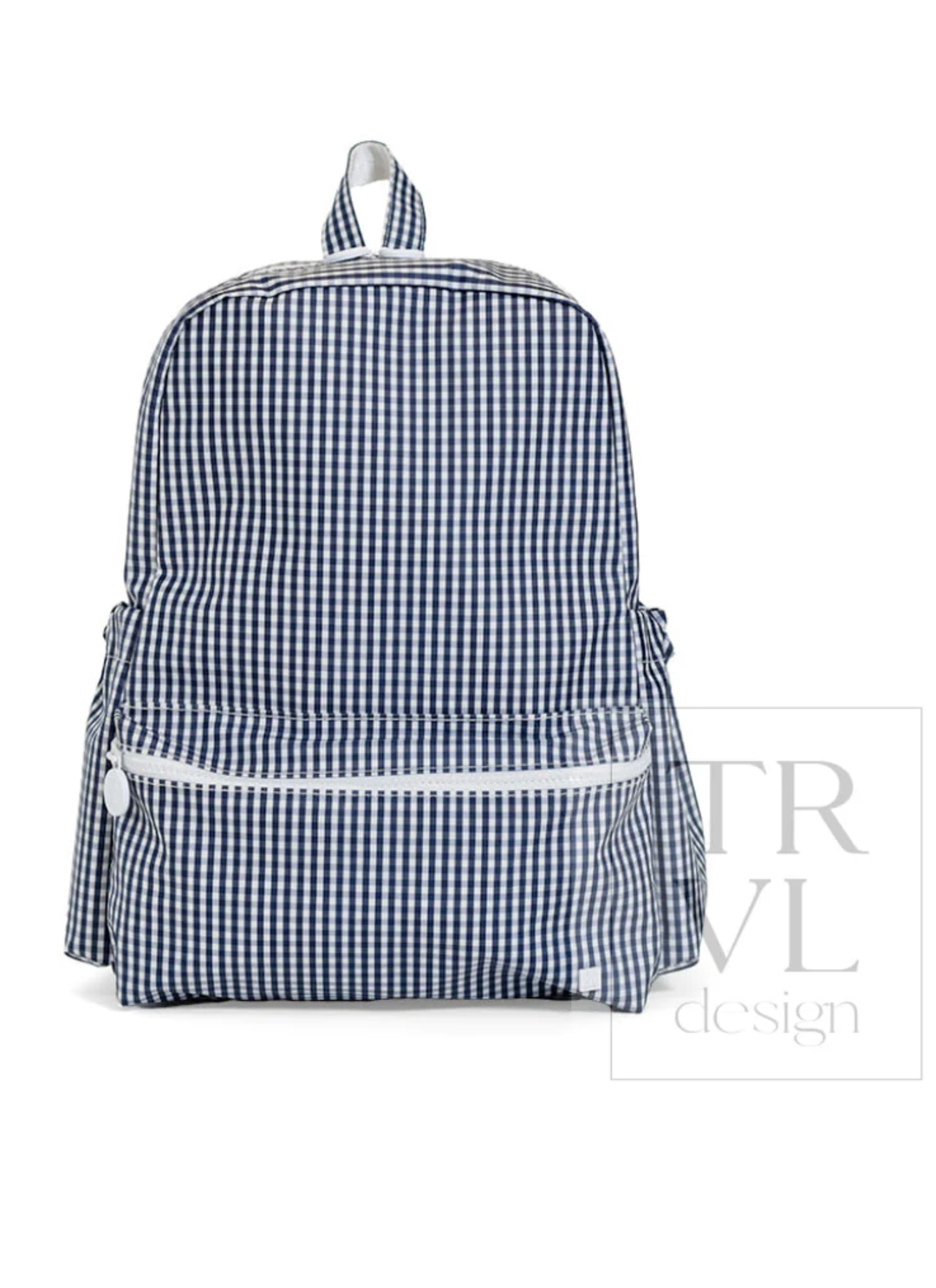 Blue and white checkered backpack on a white background
