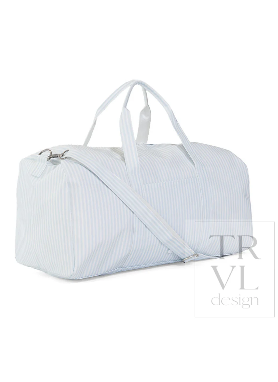 White striped duffel bag on a white background with &