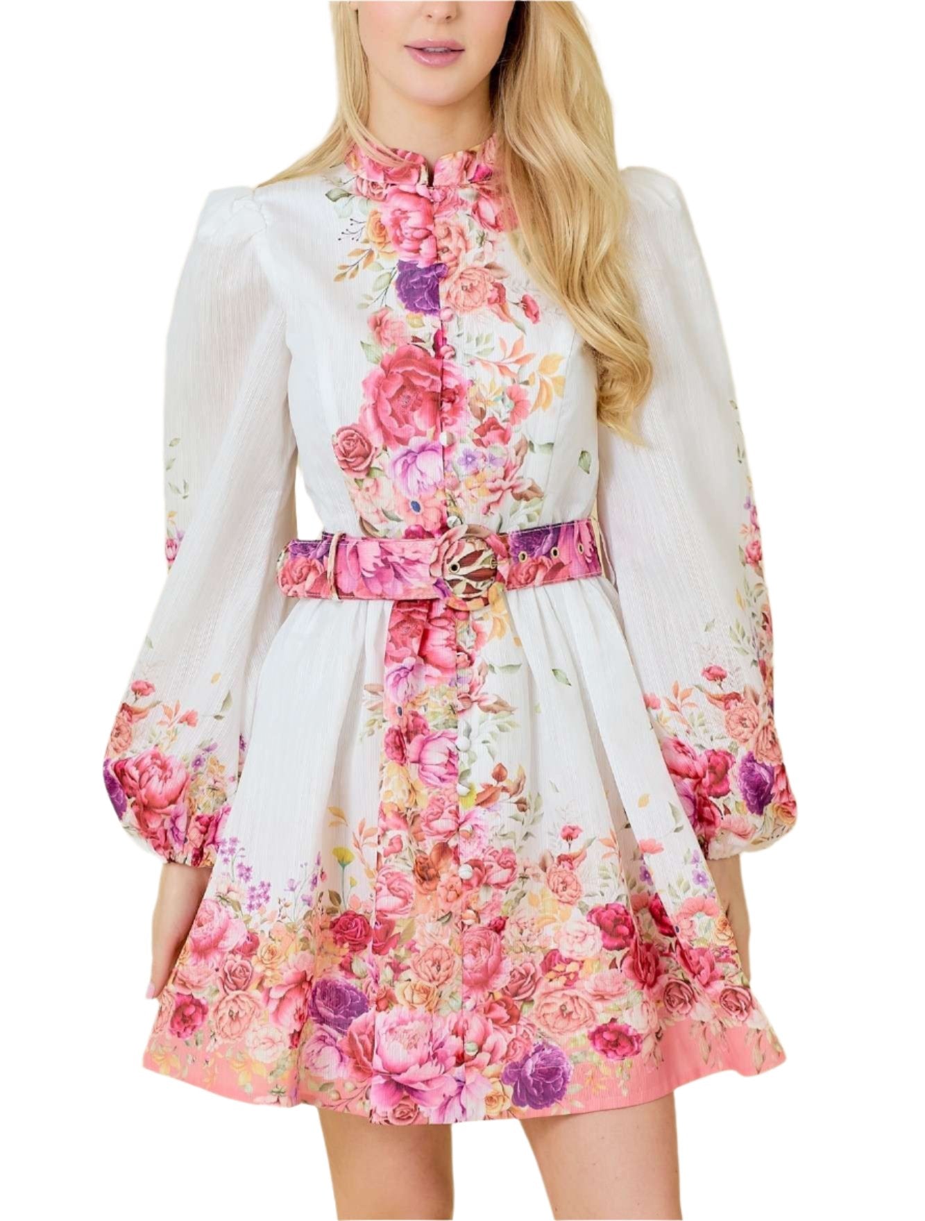 Mock Neck Mini Dress With Front Button Down Detail and Border Floral Print