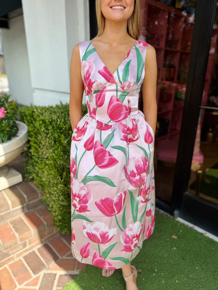 Amira Sweetheart Flower Jacquard Midi Dress