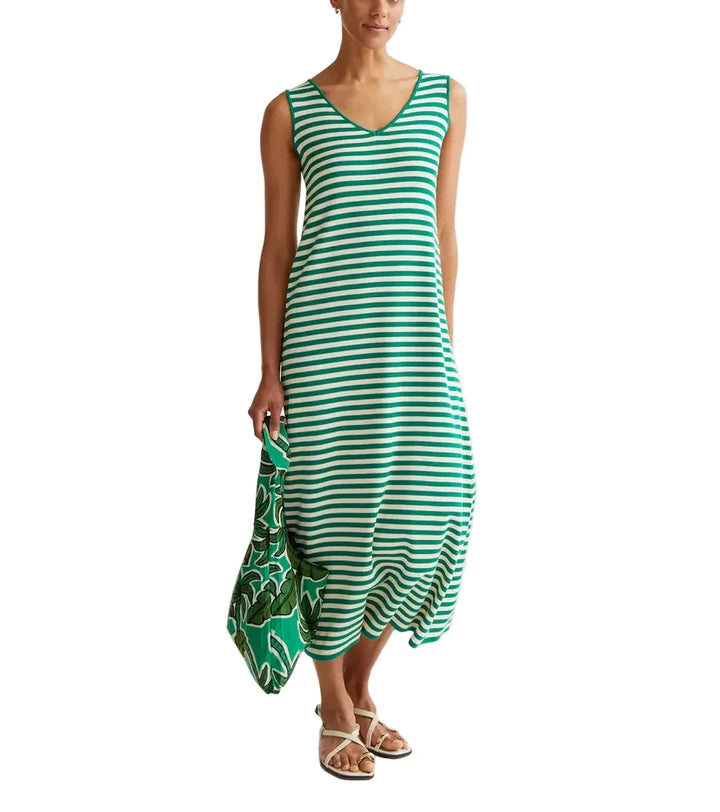 Long dress in navy and white striped knit fabric. V-neck and sleeveless. Flowy fit. Ribbed trim details.