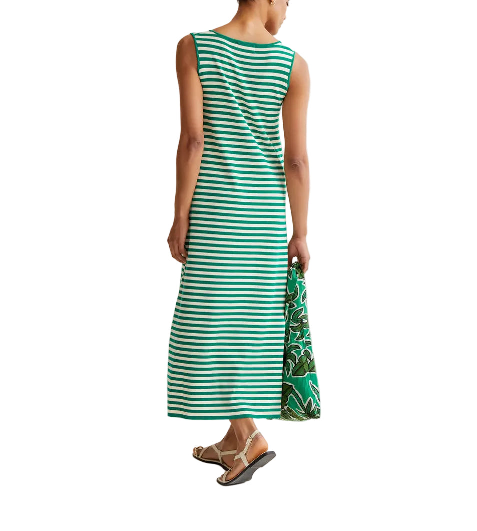 Long dress in navy and white striped knit fabric. V-neck and sleeveless. Flowy fit. Ribbed trim details.