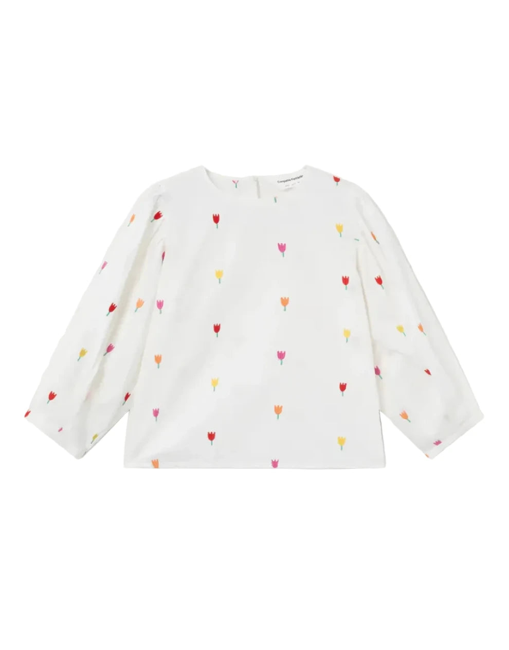 White blouse with colorful heart patterns on a white background