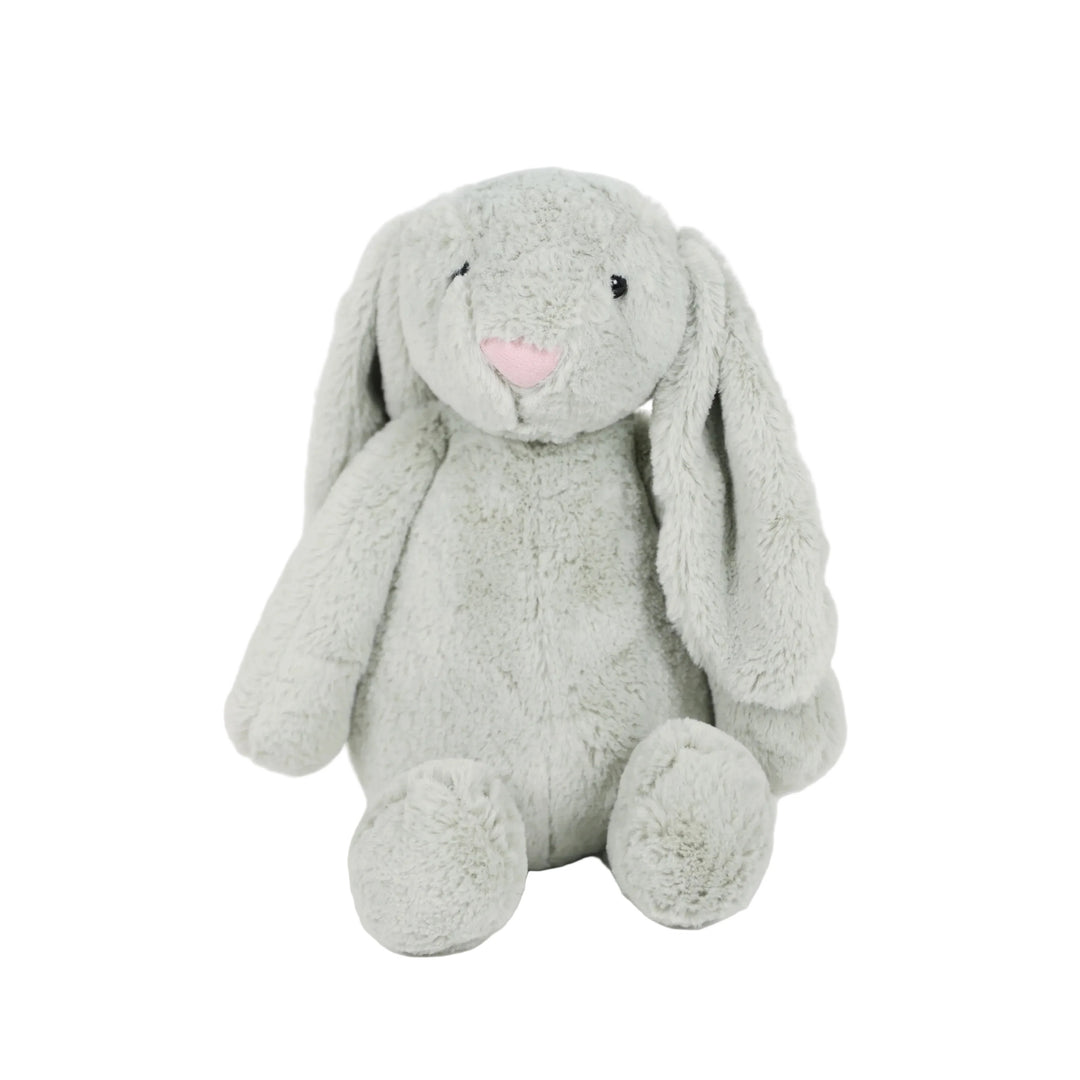 A light gray plush bunny stuffed animal with long floppy ears, small black embroidered eyes, and a pink stitched nose, sitting against a plain white background.