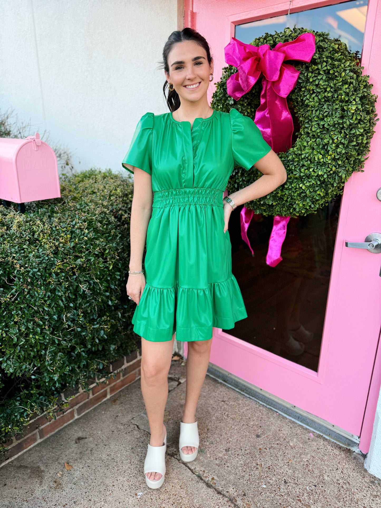 Jude Green Leather Smocked Waist Dress