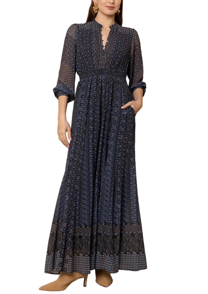 Washed chiffon 
Body is lined
Buttons at front bodice
Smocked collar
Sleeve ends above elbow with smocked cuff
Elastic smocking at waist
Voluminous paneled skirt
Pockets at hips