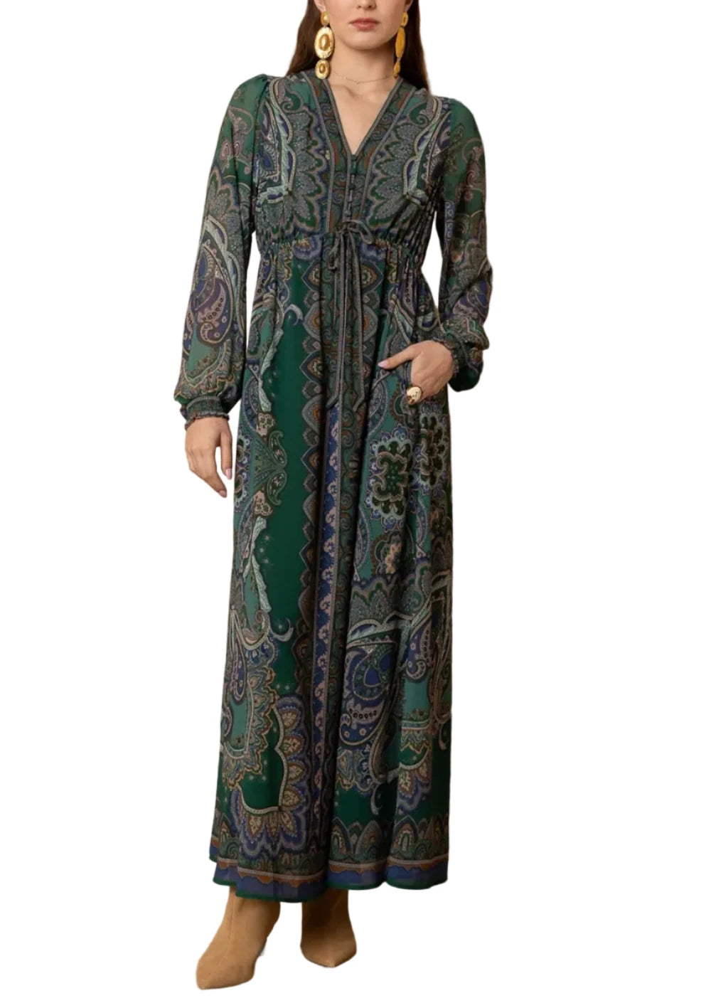 Washed chiffon 
Poly Double Georgettelinning
Buttons at front bodice
Attached belt at front waist
Elastic smocking at back andfront waist
Long sleeves with smocked cuffs
Pocket at hips