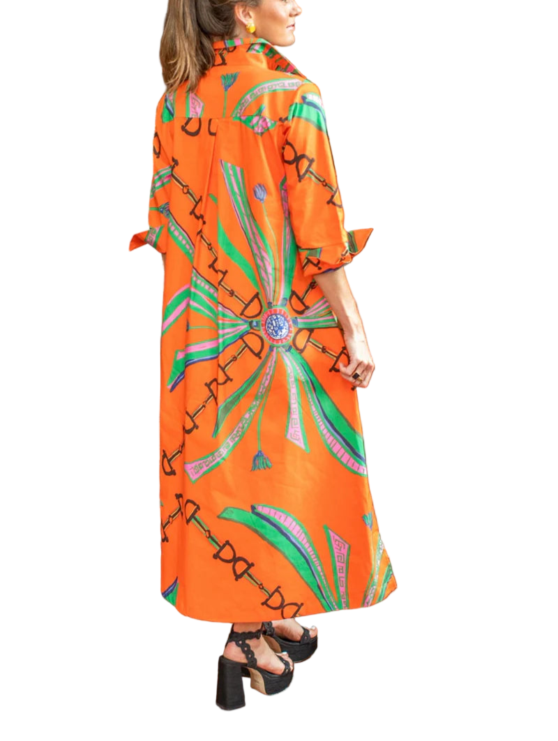 Estate Orange© is inspired by the luxe feel of a vintage, designer scarf.   It is the perfect tone of orange to highlight a classic equestrian vibe, with ribbons of pink and green tied in blue.  An original through and through. 

Our Shirt dress is a nod to the classic shirt dress with a new approach to the silhouette.  With its shapely cut and inverted pleats that run down the front and back, it gives it a vintage swing effect, that can prove to feel more polished with a nice ease of comfort.  