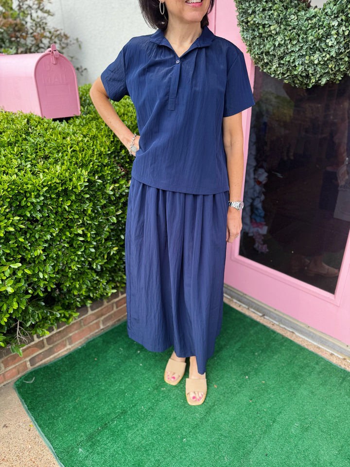 Gloria Shirt and Midi Skirt Set in Navy