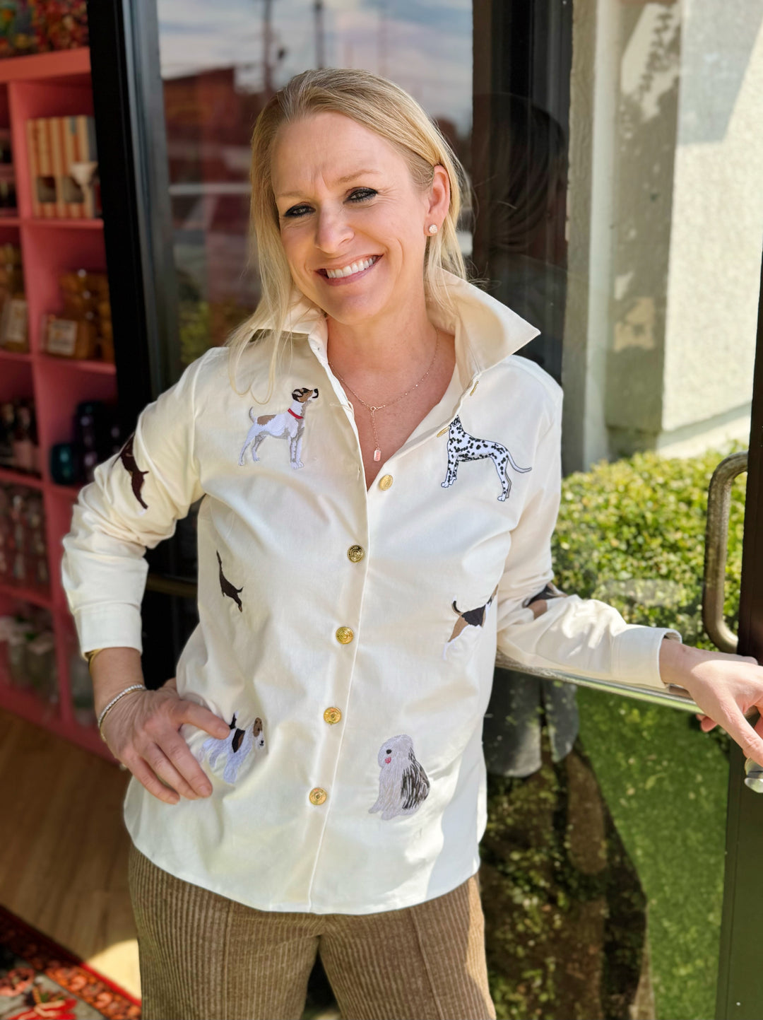Ecru Corduroy Shirt with Embroidered Dogs