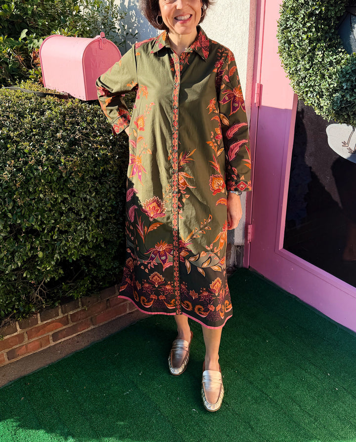 Eliza Midi Dress in Olive Trails