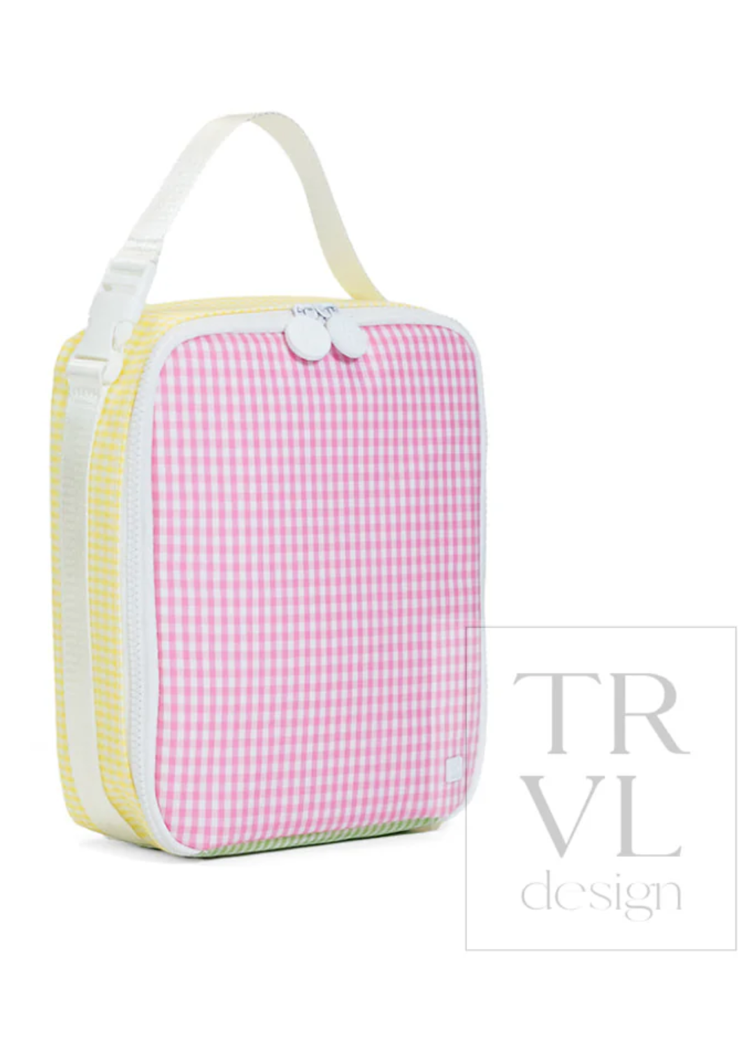 Pink gingham toiletry bag with yellow accents on a white background, featuring the TRVL design brand.