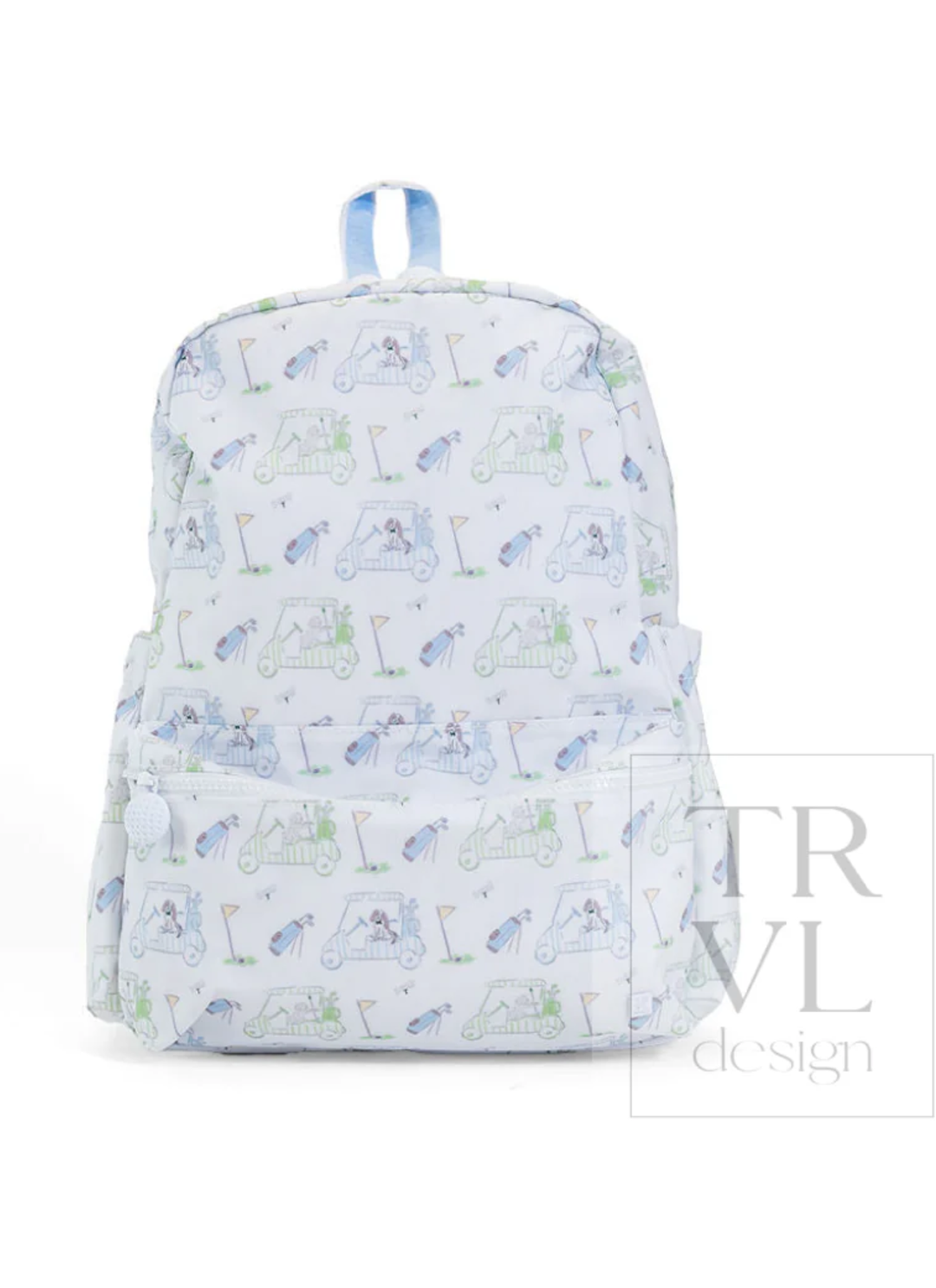 Backpack with travel-themed design on a white background