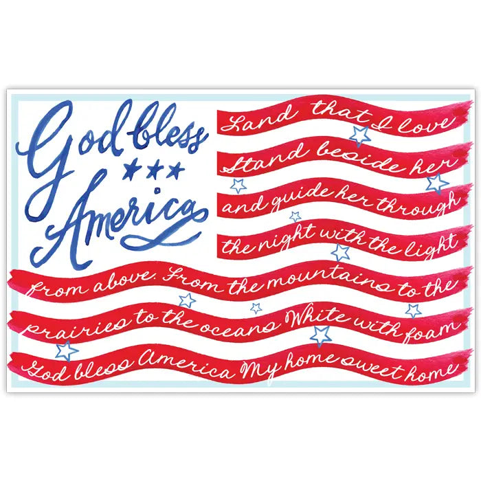 Decorative design with 'God bless America' text and red wavy lines on a white background