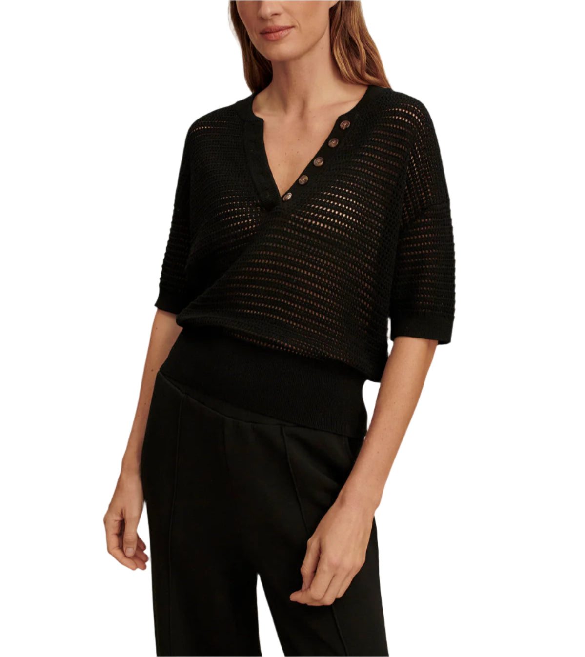 Crafted in our lightweight cotton mesh knit to a boxy, oversized silhouette, this top hangs elegantly off the frame with a deep V-neckline. Featuring short sleeves with dropped shoulders for a more relaxed fit, style with everything from active sets to everyday staples.