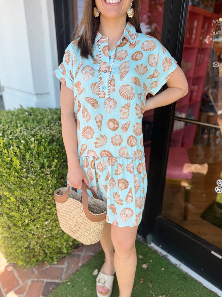 Sharon Shell Print Dress in Seafoam - Pickering Boxwood