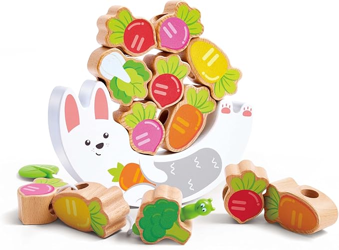 Wooden toy with colorful animal shapes and vegetables on a white background