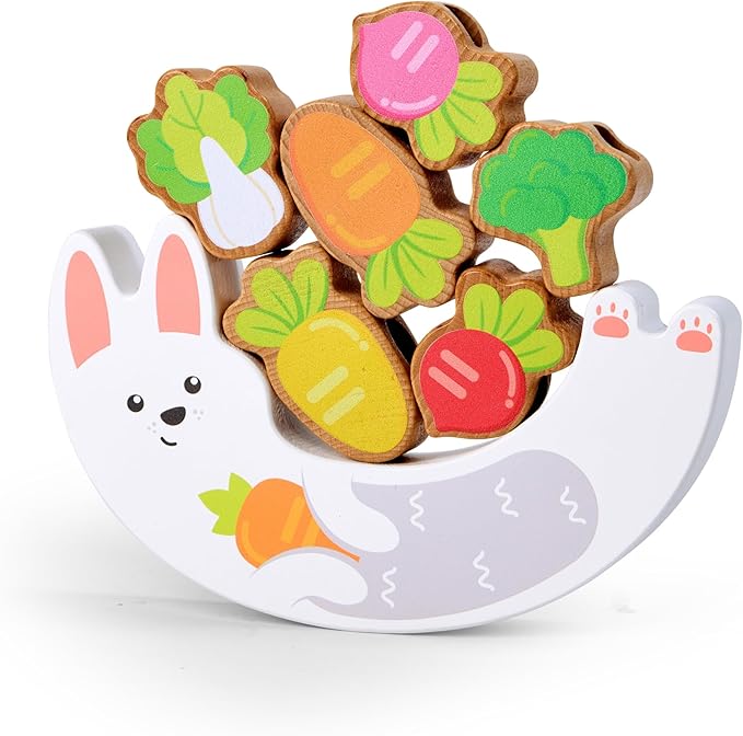 Wooden toy with rabbit design and colorful vegetable shapes on a white background