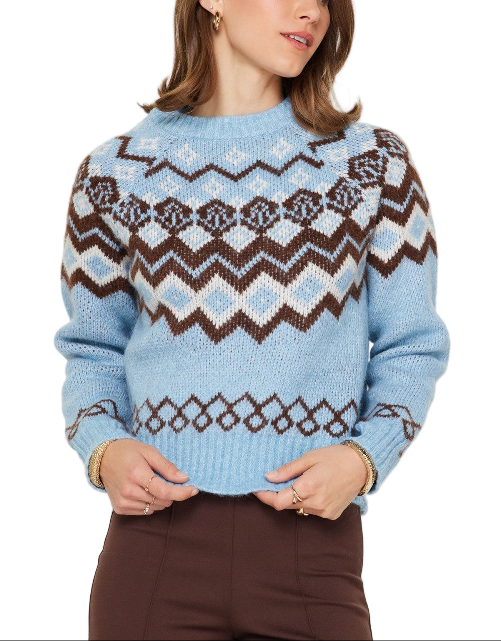 Cozy up in timeless style with the Lane Fair Isle Sweater, featuring a charming geometric pattern in soothing smoke blue tones. This classic knit blends traditional fair isle craftsmanship with modern comfort, making it perfect for layering through crisp autumn days or standing solo when temperatures drop. The intricate multi-color design adds visual interest to any outfit, while the soft, breathable fabric keeps you feeling great all day long.