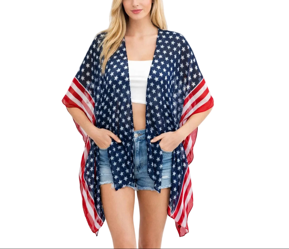 Americana Stars & Stripes Print Kimono

- One Size Fits Most
- 100% Polyester