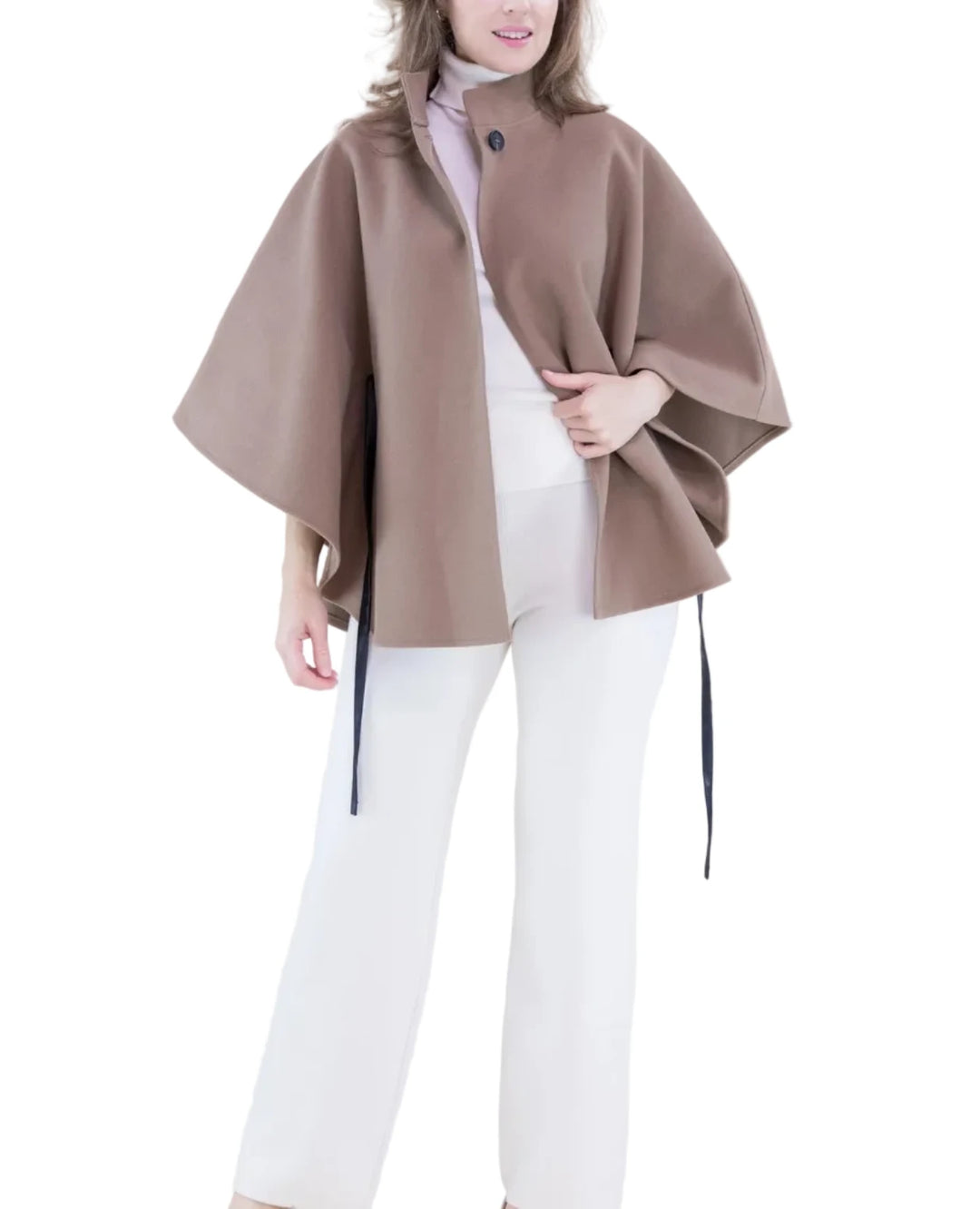 Funnel Neck Faux Leather Belt Cape
