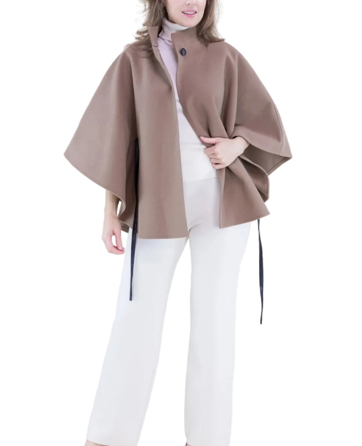Funnel Neck Faux Leather Belt Cape
