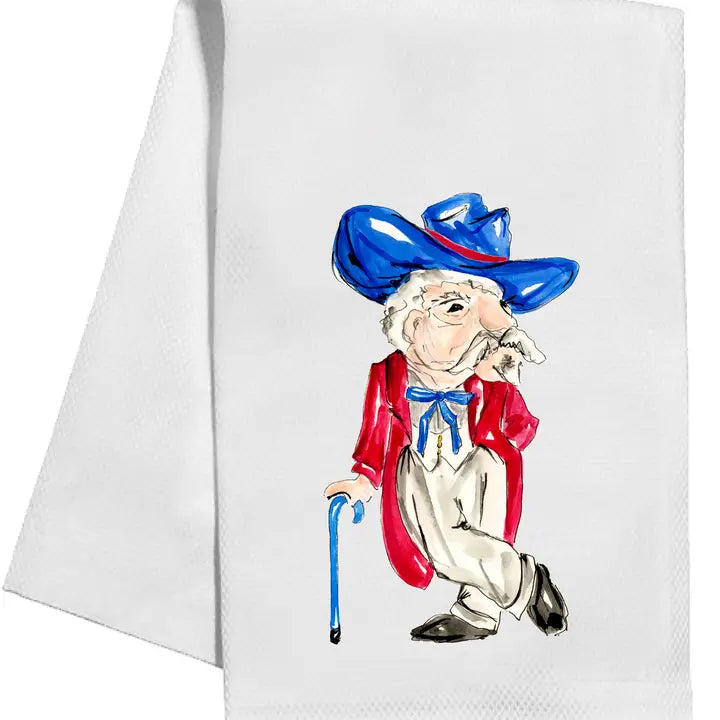Towel with a cartoonish character wearing a blue hat and red coat on a white background