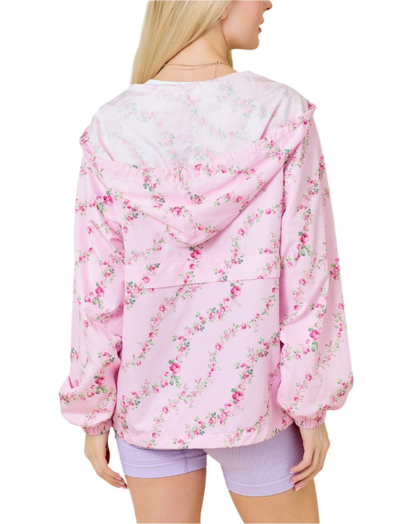 Floral Border Printed Windbreaker Jacket And With Rose Bow Trim Detail On Drawstring