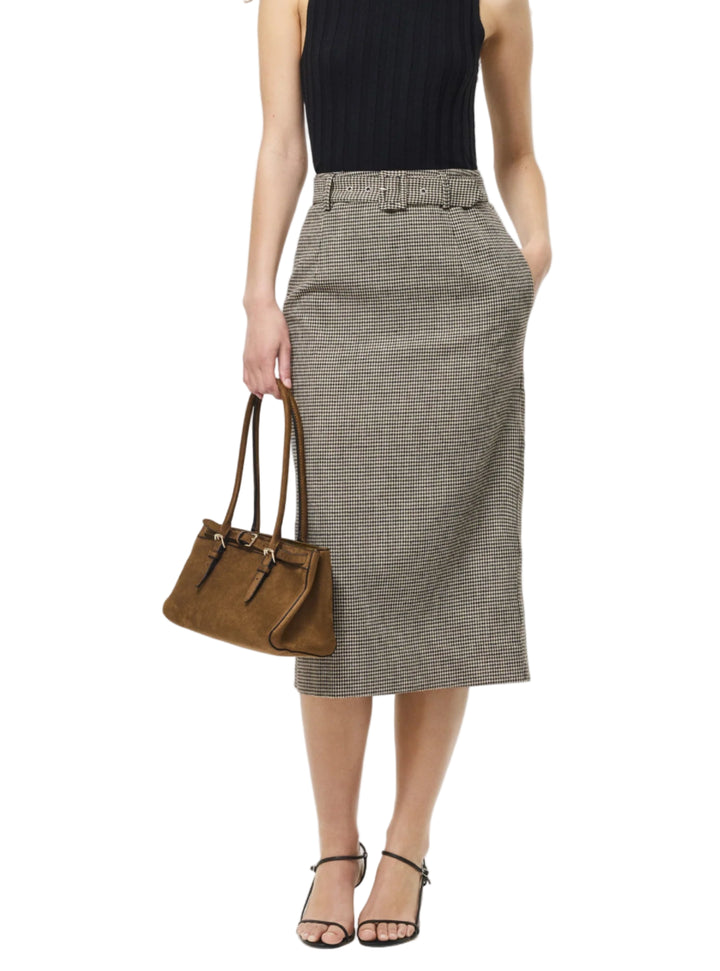 Houndstooth Belted Midi Skirt