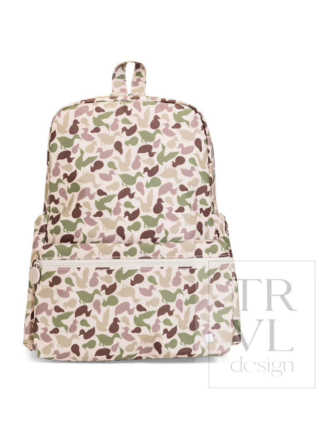 Camouflage-patterned backpack on a white background with &